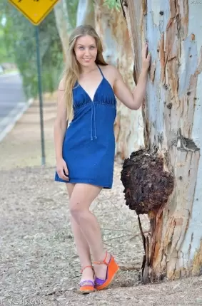 Images 16 - Девчуля в синем платье показывает письку посреди дороги 